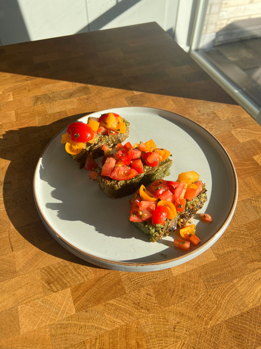 JUX x IOW Tomatoes: Green Spinach Focaccia and Bruschetta