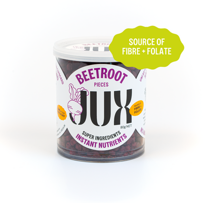 Freeze-dried Beetroot pieces in a clear jar with JUX branding